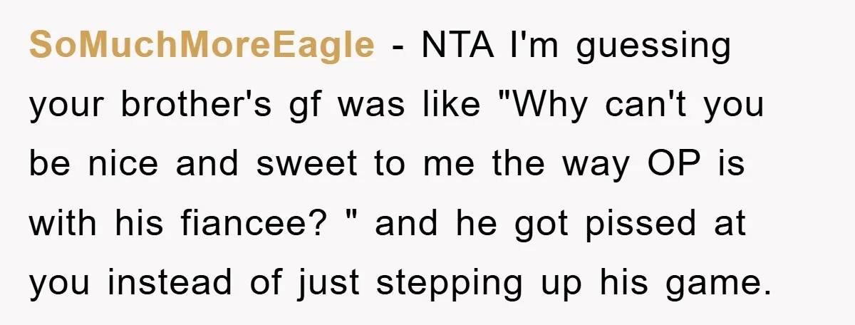 SoMuchMoreEagle − NTA I'm guessing your brother's gf was like "Why can't you be nice and sweet to me the way OP is with his fiancee? " and he got...