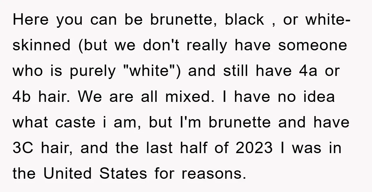 Here you can be brunette, black , or white-skinned (but we don't really have someone who is purely "white") and still have 4a or 4b hair. We are all mixed....