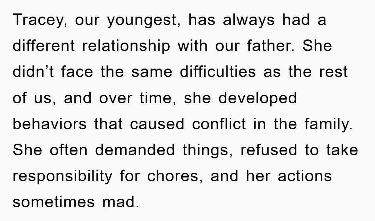 Tracey, our youngest, has always had a different relationship with our father. She didn’t face the same difficulties as the rest of us, and over time, she developed behaviors that...