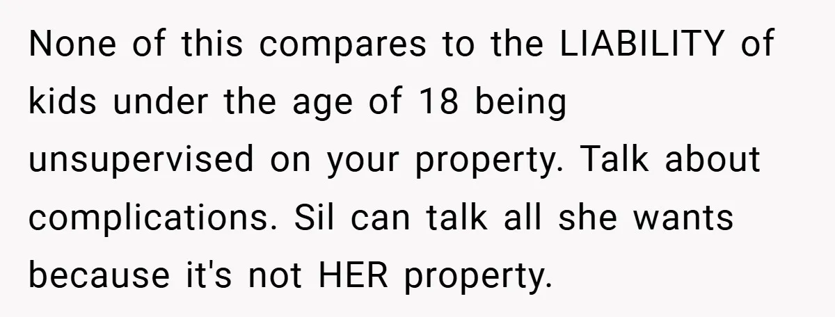 None of this compares to the LIABILITY of kids under the age of 18 being unsupervised on your property. Talk about complications. Sil can talk all she wants because it's...
