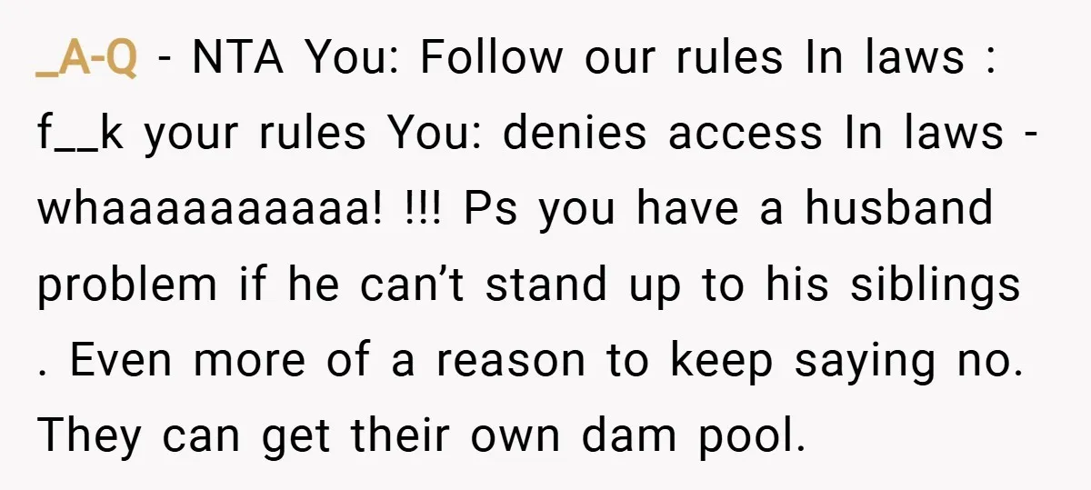 _A-Q − NTA You: Follow our rules In laws : f__k your rules You: denies access In laws - whaaaaaaaaaa! !!! Ps you have a husband problem if he can’t...