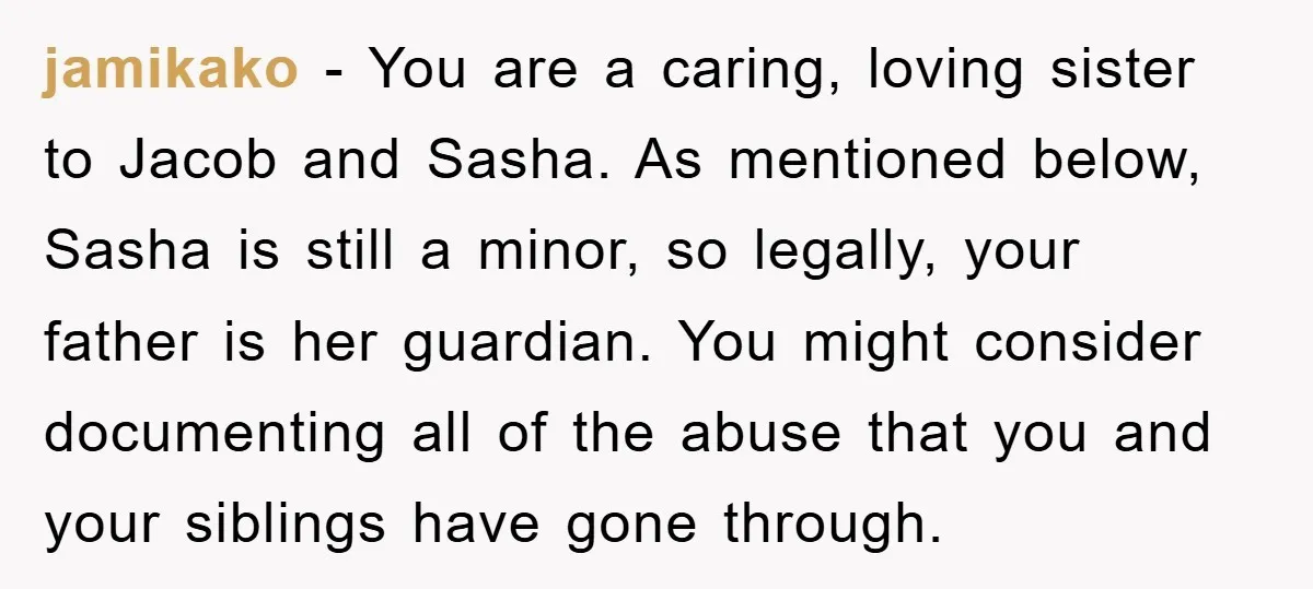 jamikako − You are a caring, loving sister to Jacob and Sasha. As mentioned below, Sasha is still a minor, so legally, your father is her guardian. You might consider...