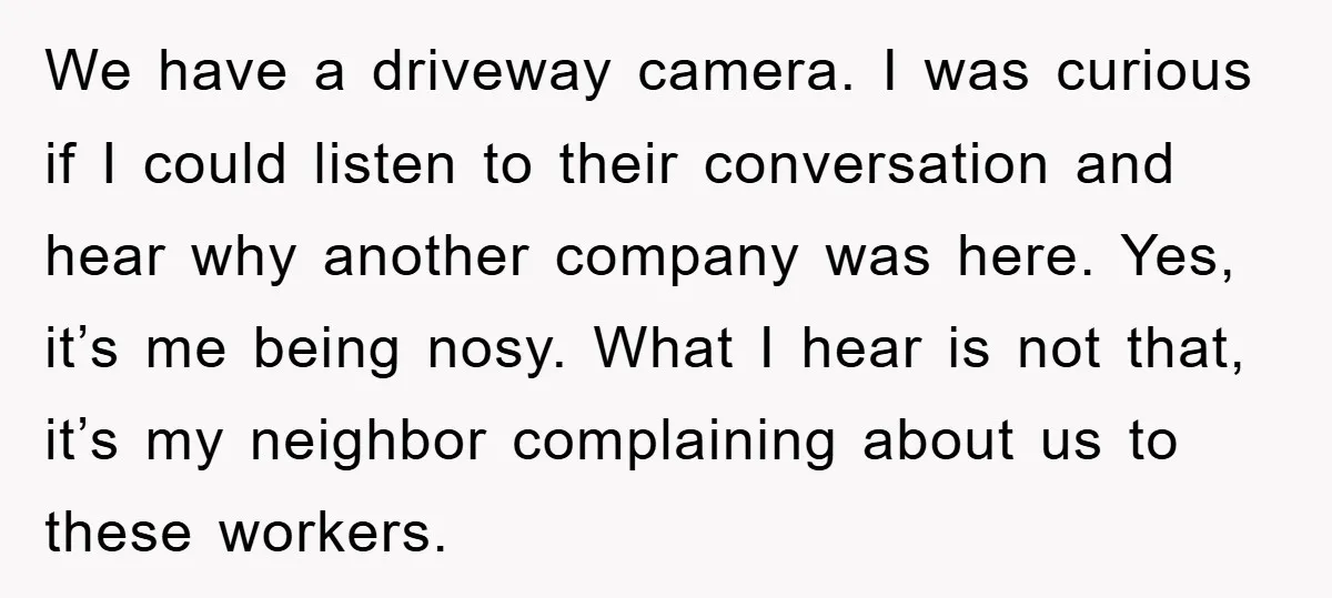 We have a driveway camera. I was curious if I could listen to their conversation and hear why another company was here. Yes, it’s me being nosy. What I hear...