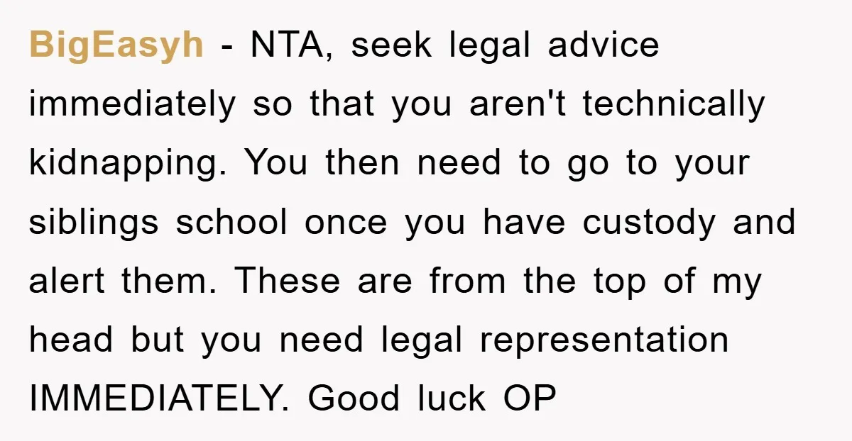 BigEasyh − NTA, seek legal advice immediately so that you aren't technically kidnapping. You then need to go to your siblings school once you have custody and alert them. These...