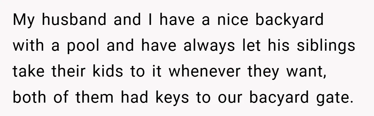 My husband and I have a nice backyard with a pool and have always let his siblings take their kids to it whenever they want, both of them had keys...