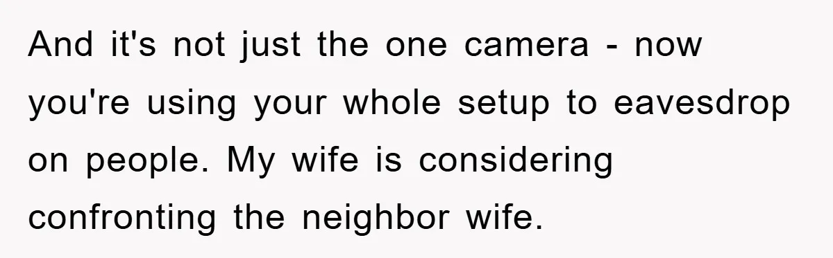 And it's not just the one camera - now you're using your whole setup to eavesdrop on people. My wife is considering confronting the neighbor wife.