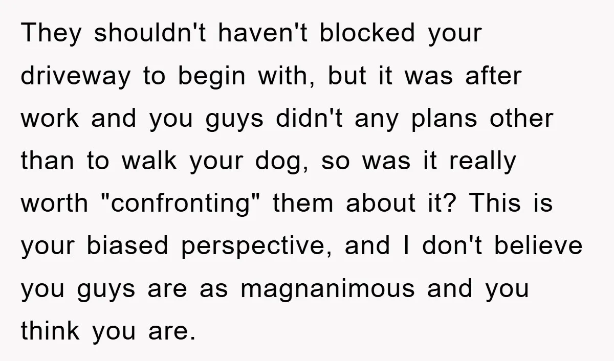 They shouldn't haven't blocked your driveway to begin with, but it was after work and you guys didn't any plans other than to walk your dog, so was it really...