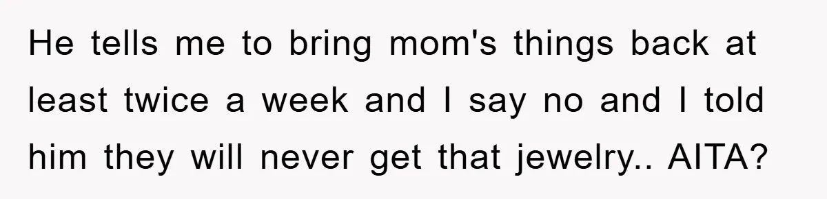 He tells me to bring mom's things back at least twice a week and I say no and I told him they will never get that jewelry.. AITA?