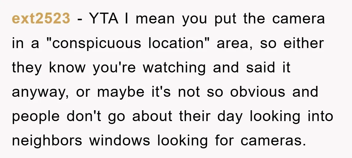 ext2523 − YTA I mean you put the camera in a "conspicuous location" area, so either they know you're watching and said it anyway, or maybe it's not so obvious...