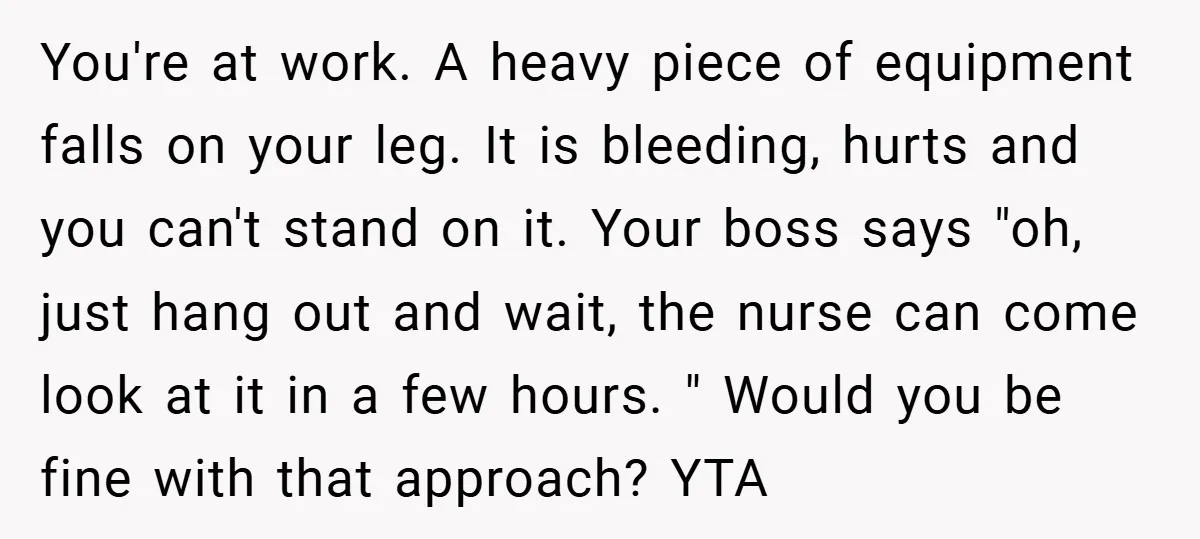 You're at work. A heavy piece of equipment falls on your leg. It is bleeding, hurts and you can't stand on it. Your boss says "oh, just hang out and...