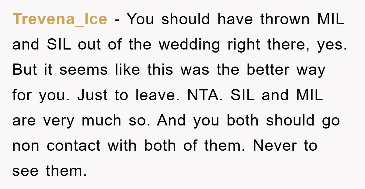 Trevena_Ice − You should have thrown MIL and SIL out of the wedding right there, yes. But it seems like this was the better way for you. Just to leave....