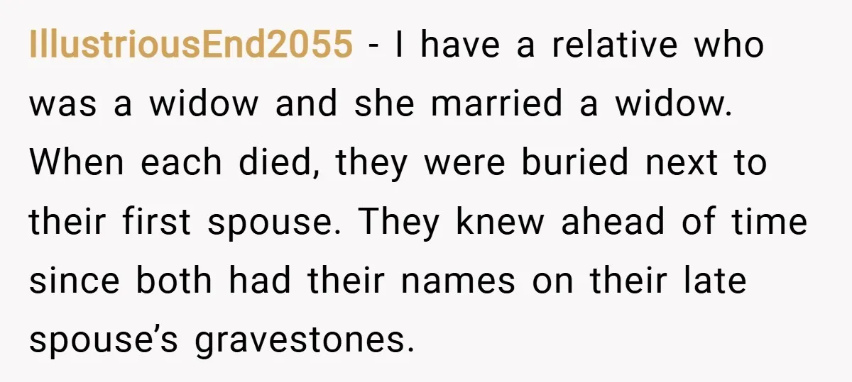 IllustriousEnd2055 − I have a relative who was a widow and she married a widow. When each died, they were buried next to their first spouse. They knew ahead of...