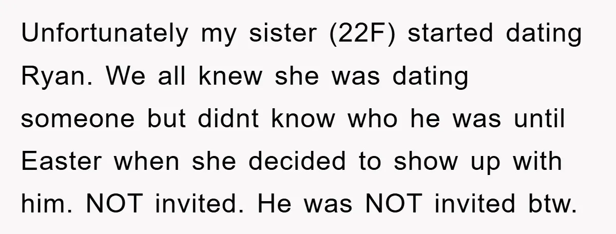 Unfortunately my sister (22F) started dating Ryan. We all knew she was dating someone but didnt know who he was until Easter when she decided to show up with him....