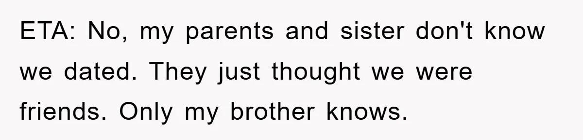ETA: No, my parents and sister don't know we dated. They just thought we were friends. Only my brother knows.