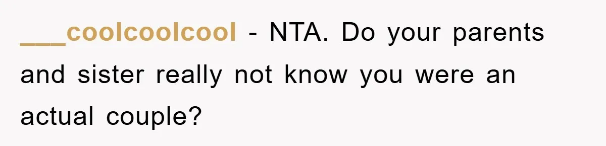 ___coolcoolcool − NTA. Do your parents and sister really not know you were an actual couple?