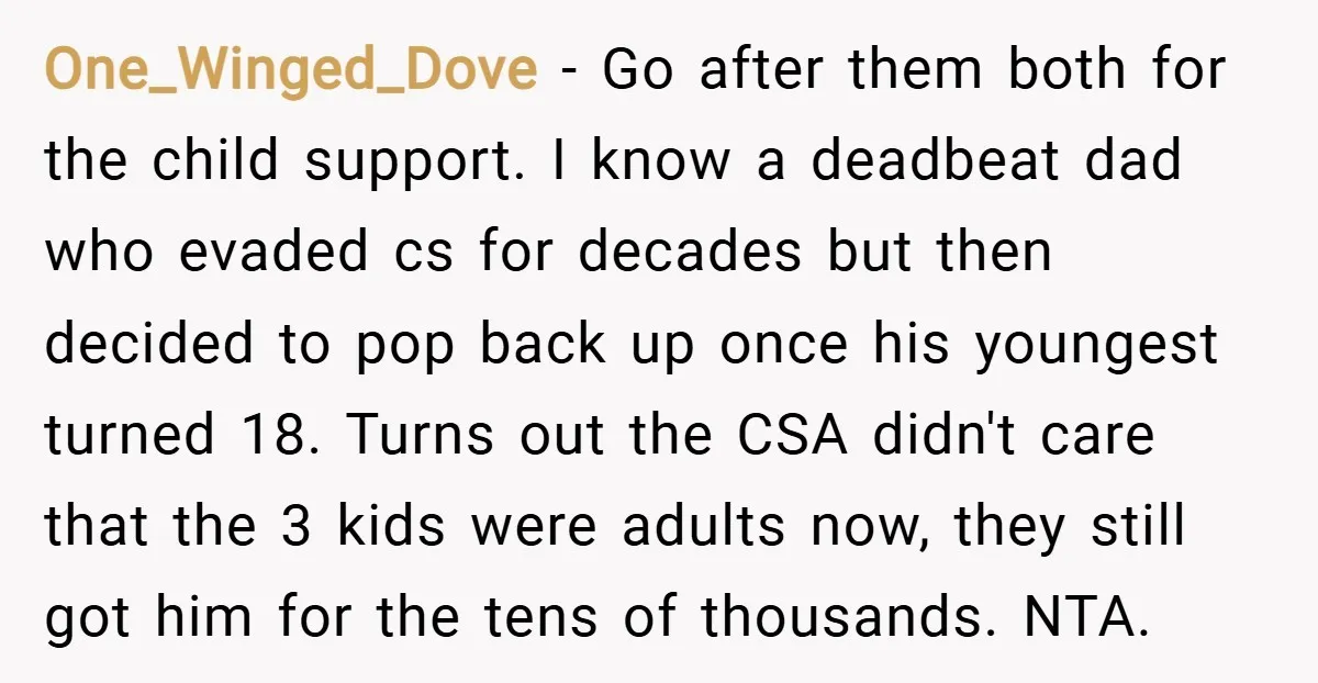 One_Winged_Dove − Go after them both for the child support. I know a deadbeat dad who evaded cs for decades but then decided to pop back up once his youngest...
