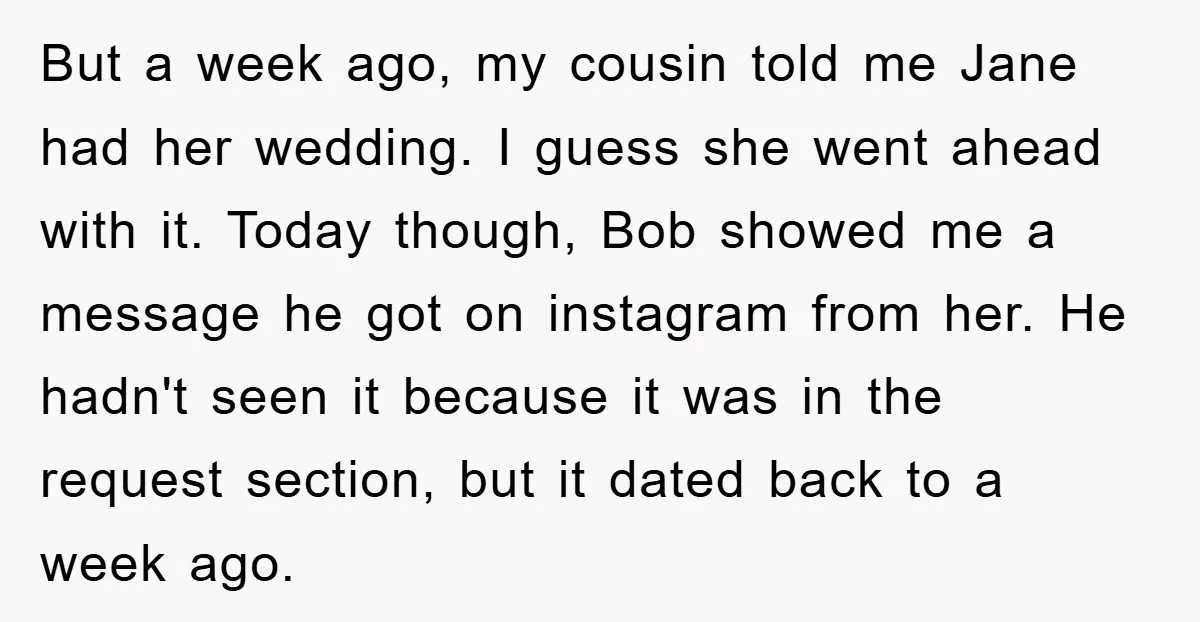 But a week ago, my cousin told me Jane had her wedding. I guess she went ahead with it. Today though, Bob showed me a message he got on instagram...