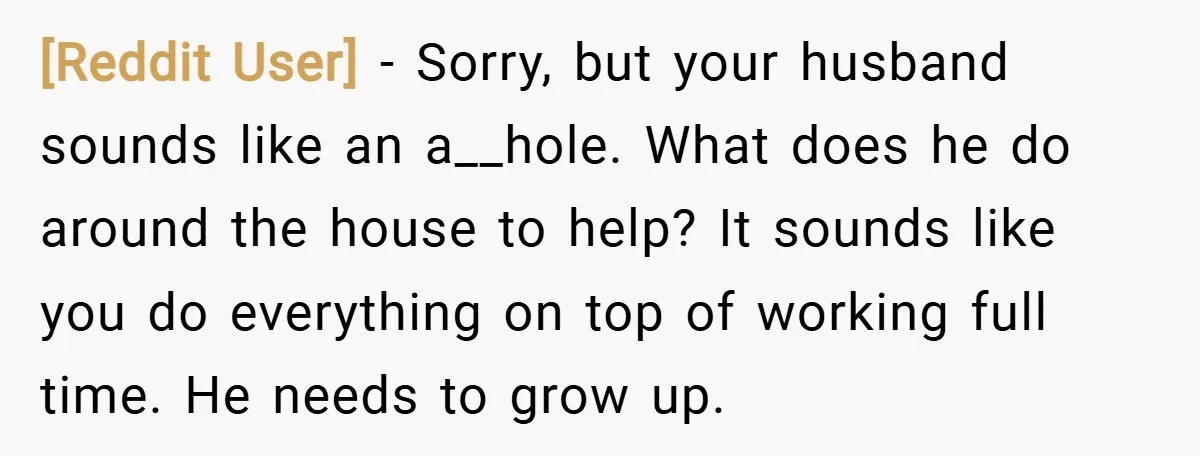[Reddit User] − Sorry, but your husband sounds like an a__hole. What does he do around the house to help? It sounds like you do everything on top of working...