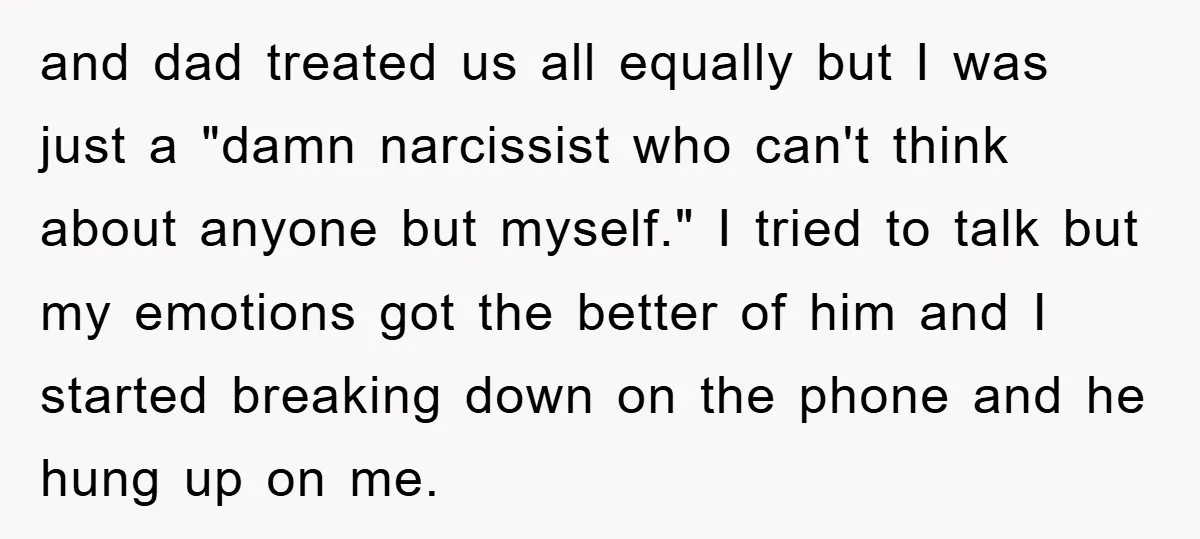 and dad treated us all equally but I was just a "damn narcissist who can't think about anyone but myself." I tried to talk but my emotions got the better...