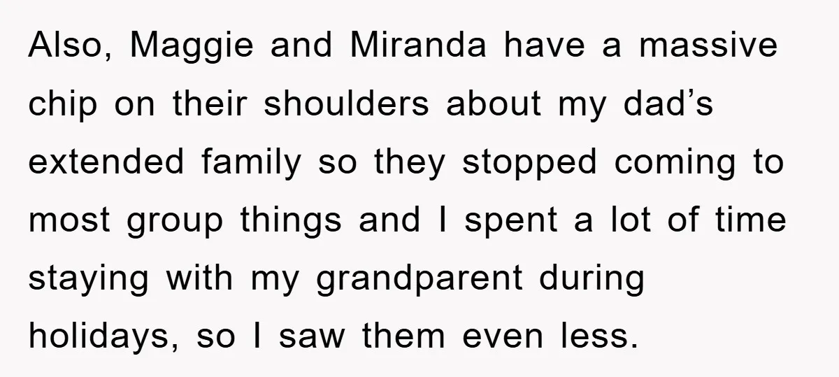 Also, Maggie and Miranda have a massive chip on their shoulders about my dad’s extended family so they stopped coming to most group things and I spent a lot of...