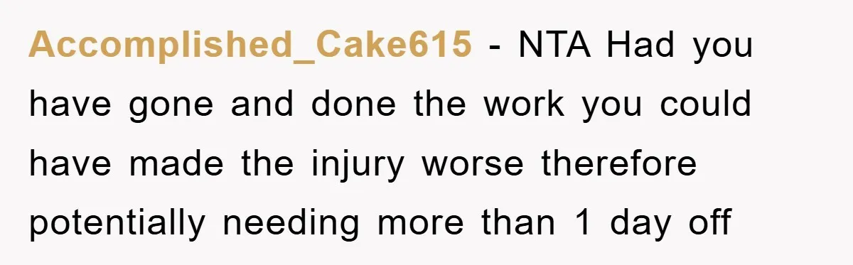 Accomplished_Cake615 − NTA Had you have gone and done the work you could have made the injury worse therefore potentially needing more than 1 day off