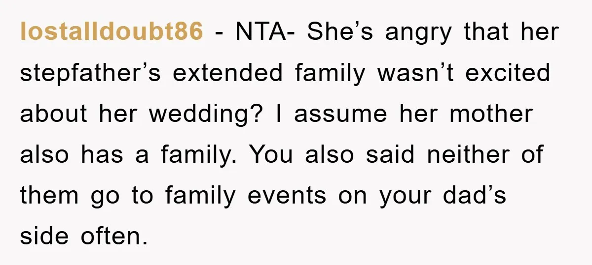 lostalldoubt86 − NTA- She’s angry that her stepfather’s extended family wasn’t excited about her wedding? I assume her mother also has a family. You also said neither of them go...