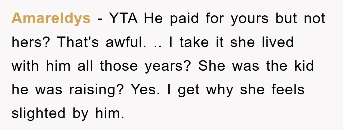 Amareldys − YTA He paid for yours but not hers? That's awful. .. I take it she lived with him all those years? She was the kid he was raising?...
