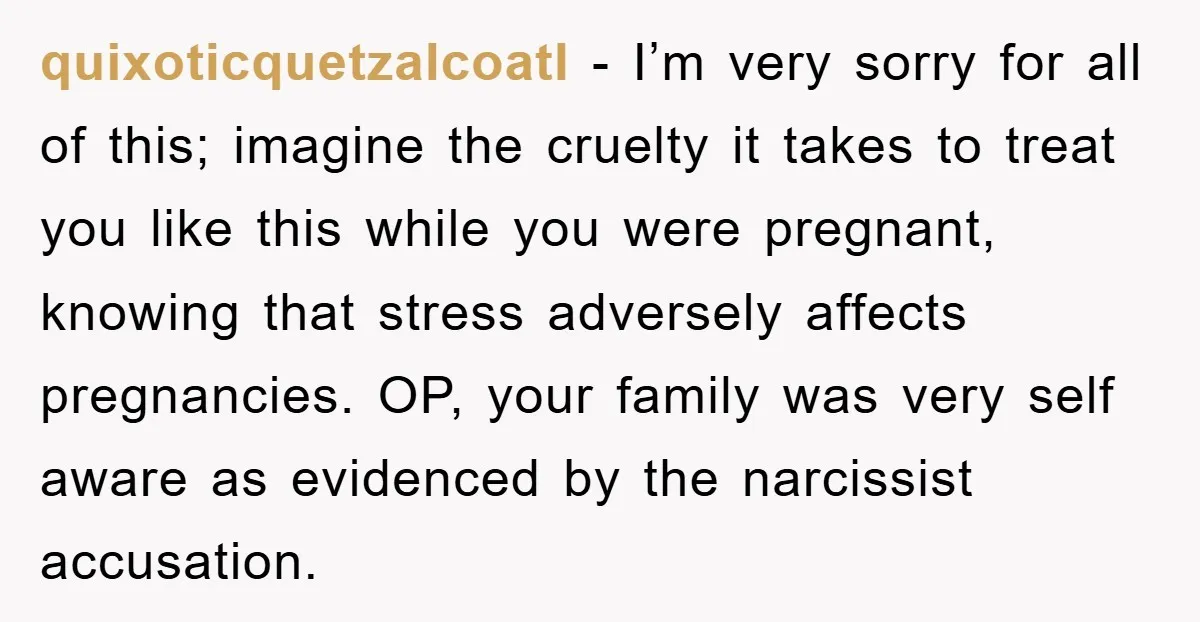 quixoticquetzalcoatl − I’m very sorry for all of this; imagine the cruelty it takes to treat you like this while you were pregnant, knowing that stress adversely affects pregnancies. OP,...