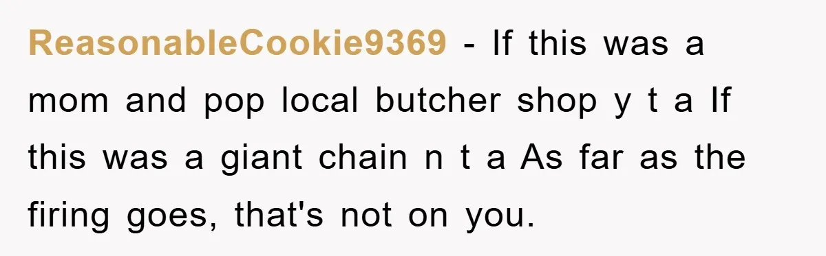ReasonableCookie9369 - If this was a mom and pop local butcher shop y t a If this was a giant chain n t a As far as the firing goes,...