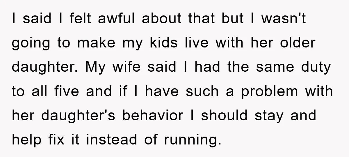 I said I felt awful about that but I wasn't going to make my kids live with her older daughter. My wife said I had the same duty to all...
