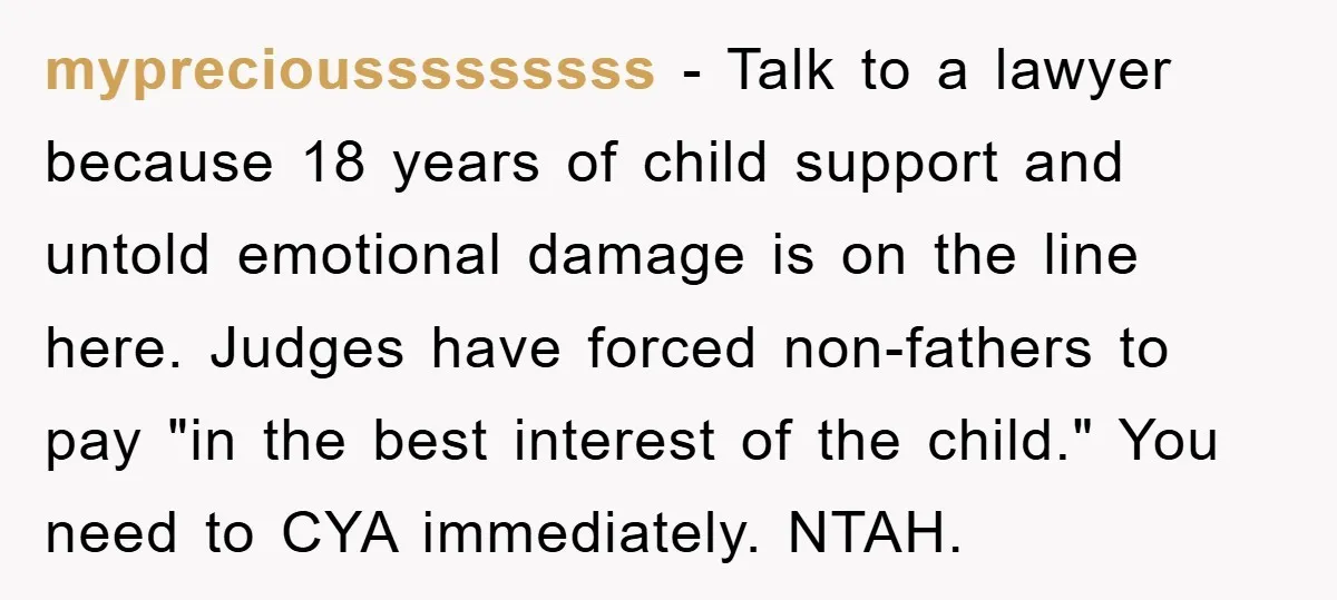 mypreciousssssssss - Talk to a lawyer because 18 years of child support and untold emotional damage is on the line here. Judges have forced non-fathers to pay "in the best...