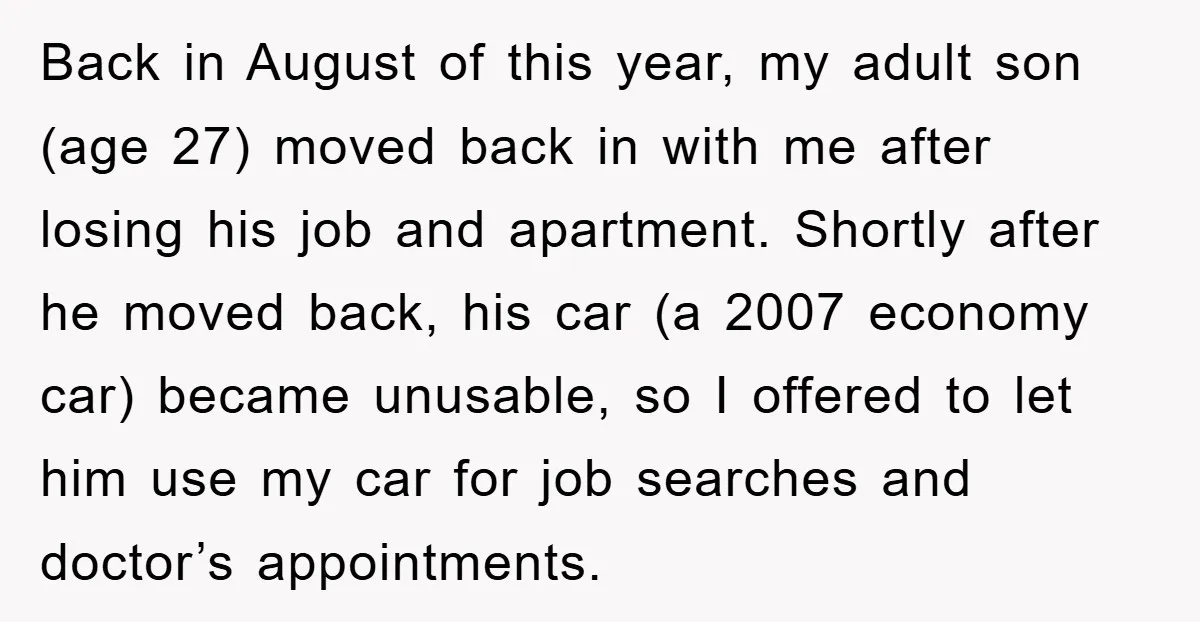Back in August of this year, my adult son (age 27) moved back in with me after losing his job and apartment. Shortly after he moved back, his car (a...
