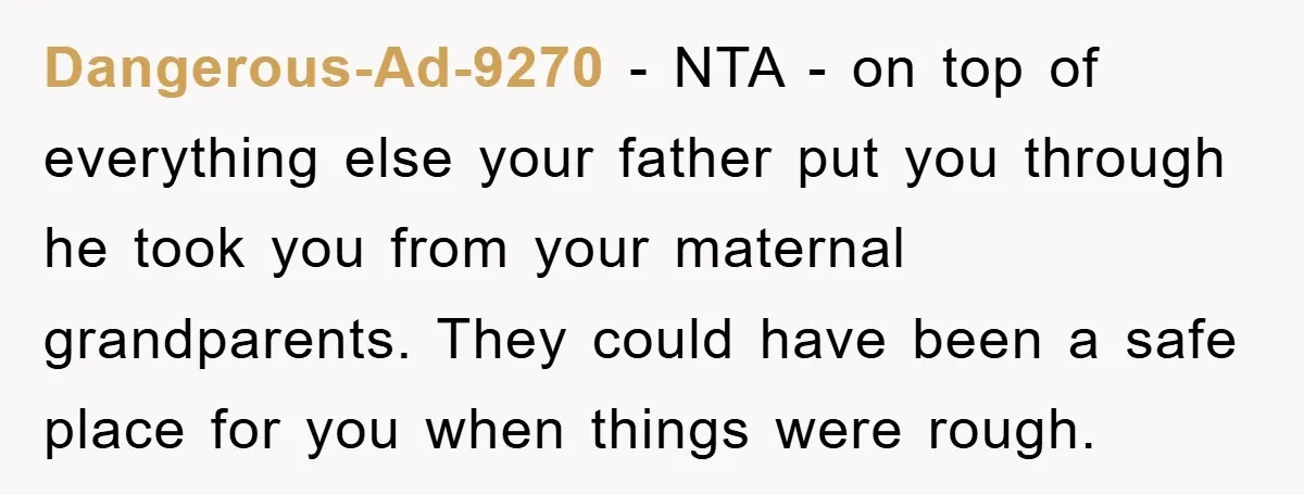Dangerous-Ad-9270 − NTA - on top of everything else your father put you through he took you from your maternal grandparents. They could have been a safe place for you...