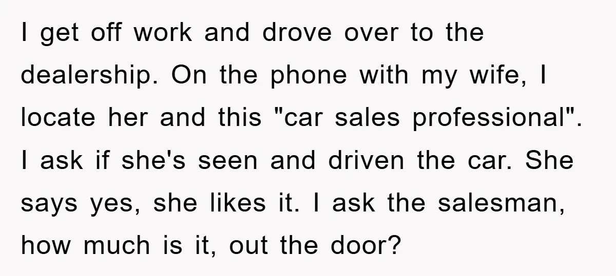 I get off work and drove over to the dealership. On the phone with my wife, I locate her and this "car sales professional". I ask if she's seen and...