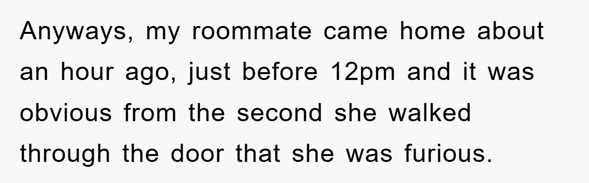 Anyways, my roommate came home about an hour ago, just before 12pm and it was obvious from the second she walked through the door that she was furious.