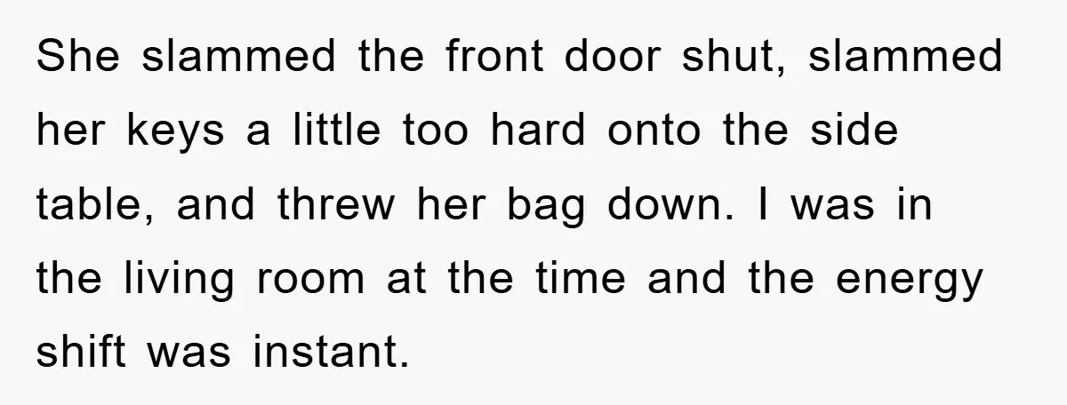 She slammed the front door shut, slammed her keys a little too hard onto the side table, and threw her bag down. I was in the living room at the...