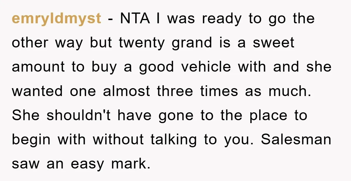 emryldmyst − NTA I was ready to go the other way but twenty grand is a sweet amount to buy a good vehicle with and she wanted one almost three...