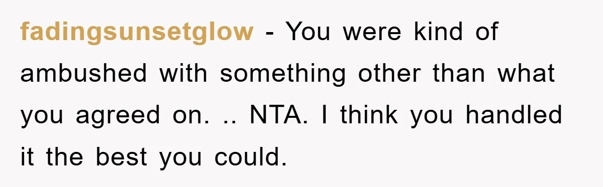 fadingsunsetglow − You were kind of ambushed with something other than what you agreed on. .. NTA. I think you handled it the best you could.
