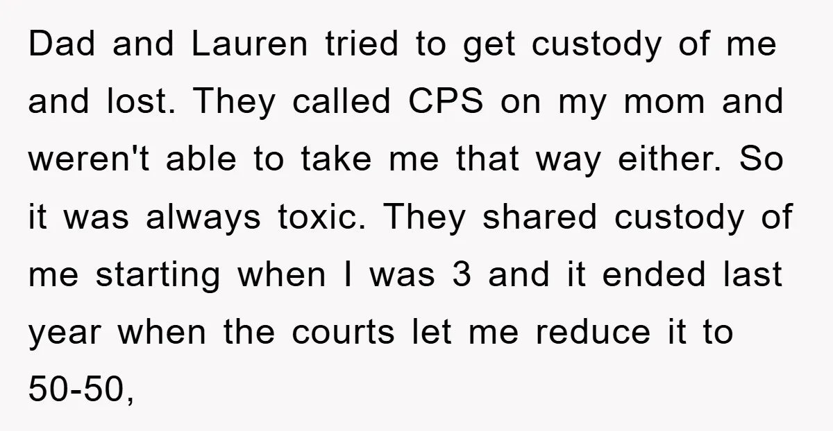 Dad and Lauren tried to get custody of me and lost. They called CPS on my mom and weren't able to take me that way either. So it was always...