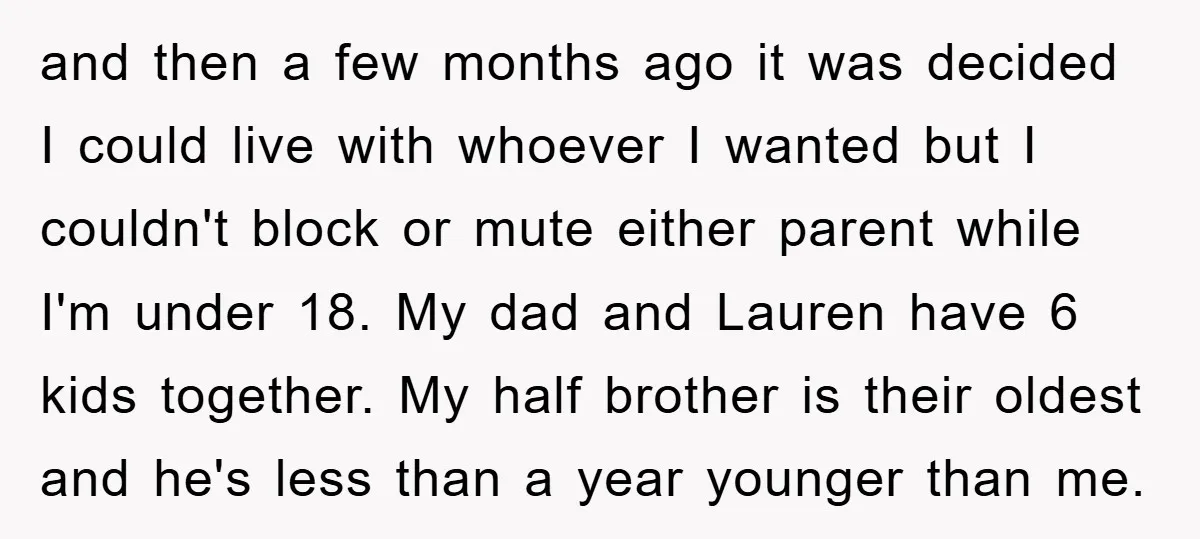 and then a few months ago it was decided I could live with whoever I wanted but I couldn't block or mute either parent while I'm under 18. My dad...