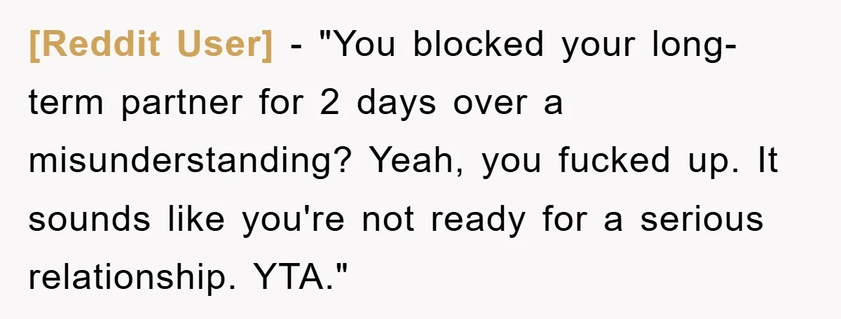 [Reddit User] - "You blocked your long-term partner for 2 days over a misunderstanding? Yeah, you fucked up. It sounds like you're not ready for a serious relationship. YTA."