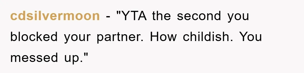 cdsilvermoon - "YTA the second you blocked your partner. How childish. You messed up."