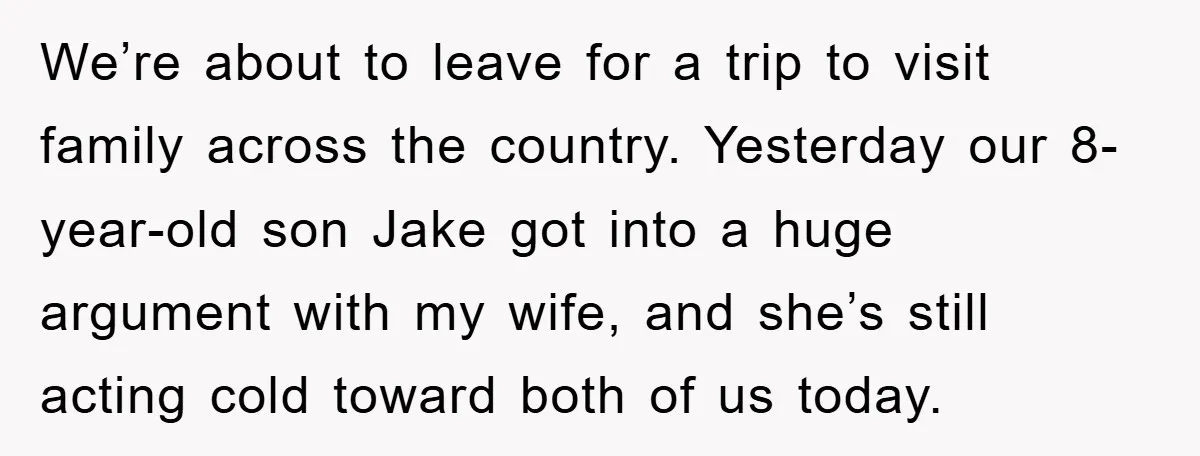 We’re about to leave for a trip to visit family across the country. Yesterday our 8-year-old son Jake got into a huge argument with my wife, and she’s still acting...