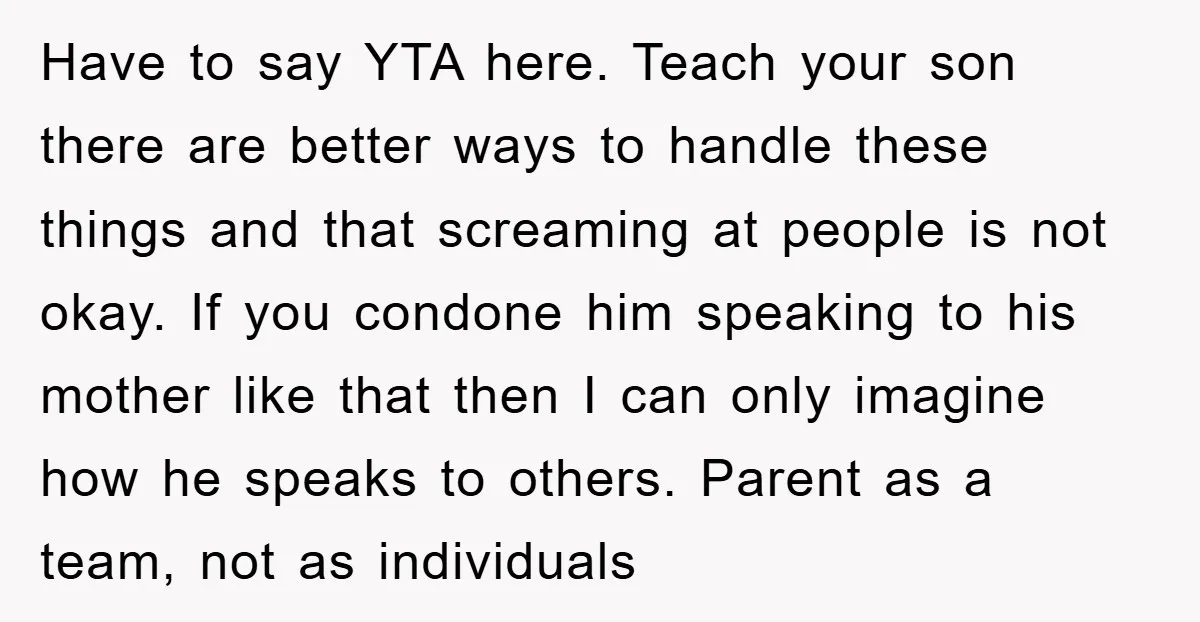 Have to say YTA here. Teach your son there are better ways to handle these things and that screaming at people is not okay. If you condone him speaking to...