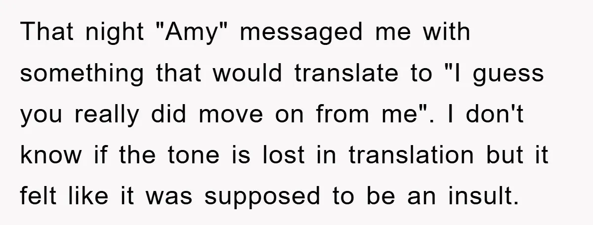 That night "Amy" messaged me with something that would translate to "I guess you really did move on from me". I don't know if the tone is lost in translation...