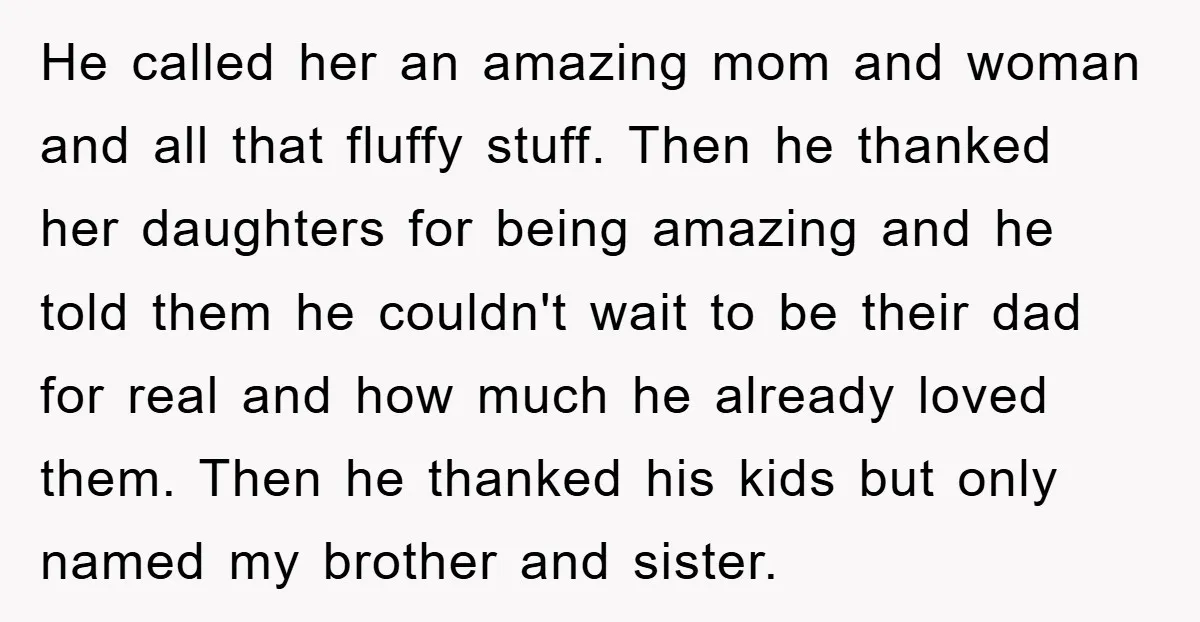He called her an amazing mom and woman and all that fluffy stuff. Then he thanked her daughters for being amazing and he told them he couldn't wait to be...