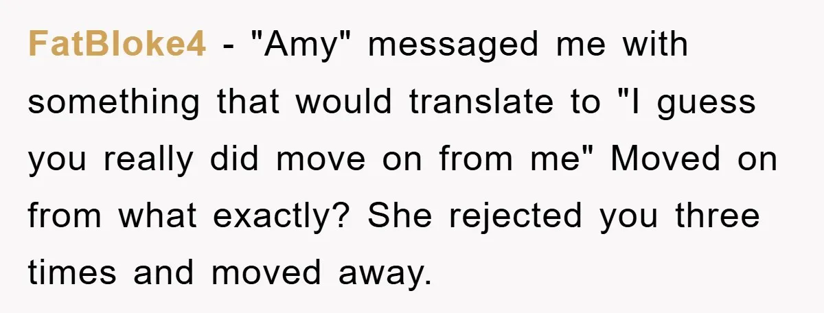FatBloke4 − "Amy" messaged me with something that would translate to "I guess you really did move on from me" Moved on from what exactly? She rejected you three times...