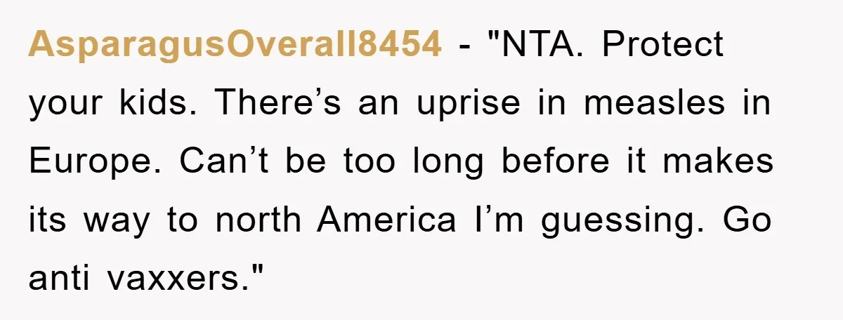 AsparagusOverall8454 - "NTA. Protect your kids. There’s an uprise in measles in Europe. Can’t be too long before it makes its way to north America I’m guessing. Go anti vaxxers."