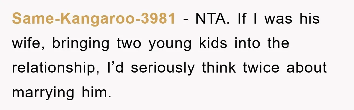 Same-Kangaroo-3981 − NTA. If I was his wife, bringing two young kids into the relationship, I’d seriously think twice about marrying him.