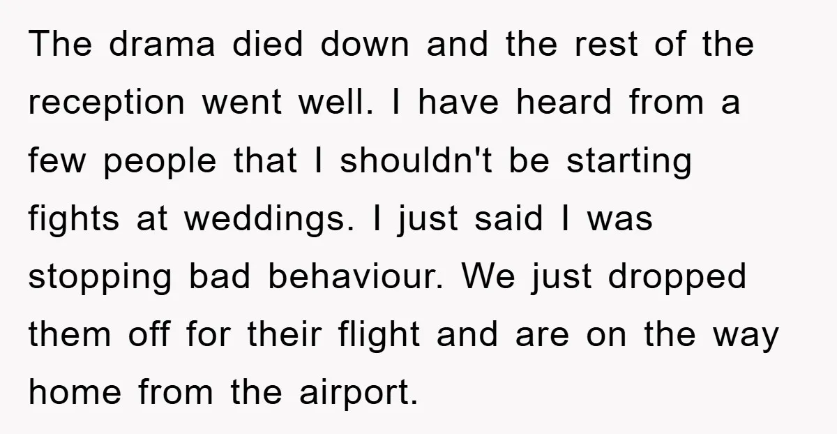 The drama died down and the rest of the reception went well. I have heard from a few people that I shouldn't be starting fights at weddings. I just said...